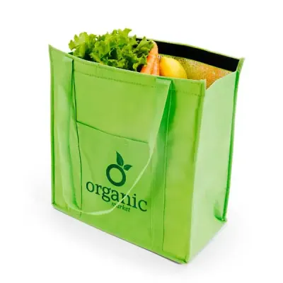 Sacola térmica. Non-woven: 80 g/m². Com fechamento em velcro e bolso frontal. Capacidade até 10 l...