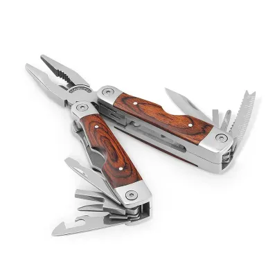 Alicate dobrável com ferramentas multifunções em aço inox e madeir