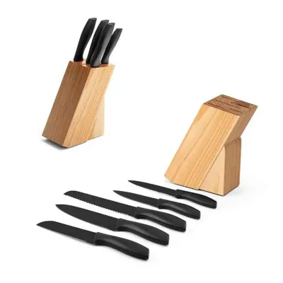 Suporte para facas em madeira de pinho. Incluso conjunto de 5 facas de cozinha: