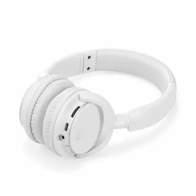 Fone de ouvido bluetooth branco com haste ajustável e fones giratórios