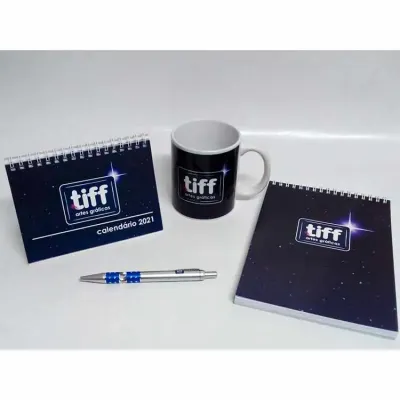 Kit Escritório Personalizado - calendário, caneca, bloco e caneta
