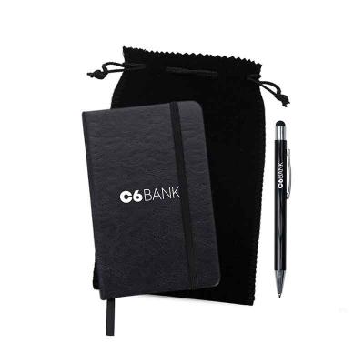 Kit Personalizado c/ caderneta e caneta em saquinho de veludo