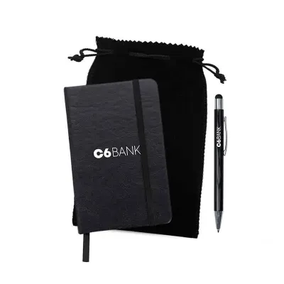 Kit Personalizado com caderneta e caneta em saquinho de veludo