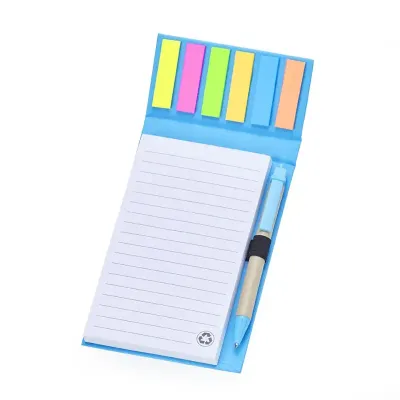 Bloco de anotações ecológico azul com caneta