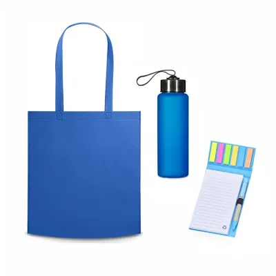 Kit com Ecobag, Squeeze e Bloco azul