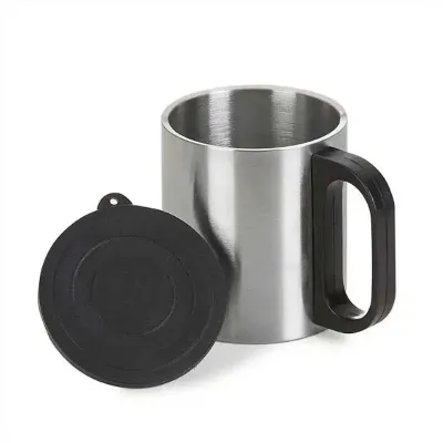 Caneca de inox 180ml com cabo e tampa em plástico resistente