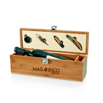 Magnifico Brindes - Conjunto para vinho em bambu e zinco, saca-rolhas com canivete de sommelier, gargantilha, salva-gotas com tampa e rolha. MEDIDAS: 363 x 112 x 119 mm....