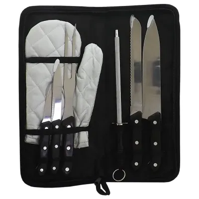 Kit churrasco 4 peças em estojo de nylon com alça. Possui: pegador, garfo, espátula e faca em inox, acompanha proteções plásticas e parte interna com velcro para guardar as peças.