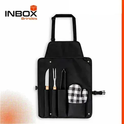 Kit churrasco com faca, garfo e pinça em aço inox e madeira