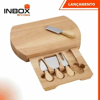 Kit queijo de 5 peças com tábua de madeira com gaveta