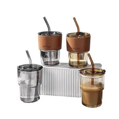 Copo De Vidro Com Canudo Tampa e Vedação 450ml