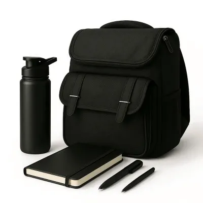 Kit Mochila couro sintético, com squeeze, caderneta e caneta 