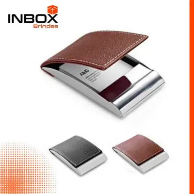 Porta-cartões em metal e couro sintético personalizado