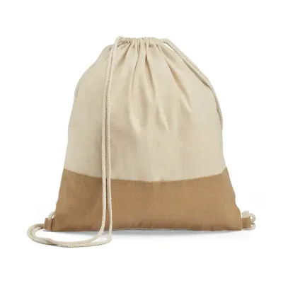 Sacola tipo mochila 100% algodão (160 g/m²) com detalhe em imitação de juta