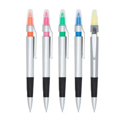 Caneta plástica esferográfica e marca texto, com corpo prata. Possui tampa protetora no marca tex...