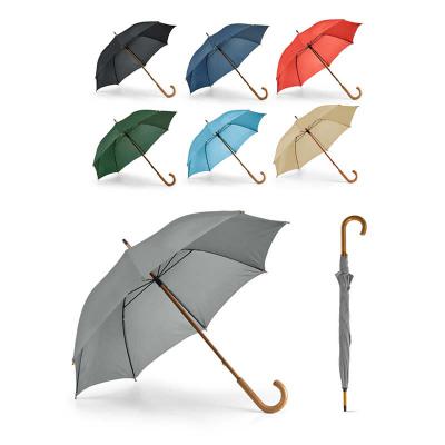 Guarda-chuva em poliéster com haste e pega em madeira - várias cores