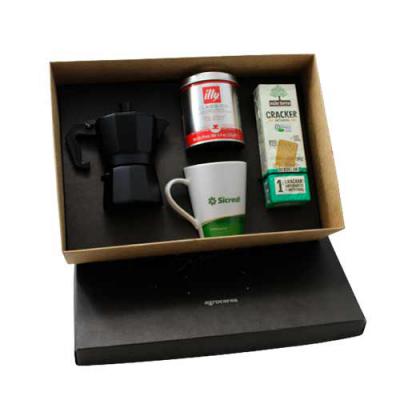 Kit Café com Cafeteira de 3 doses, uma lata de Café Illy Clássico, um pacote de biscoito Cracker e uma caneca de porcelana