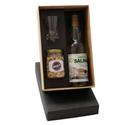 kit Cachaça com cachaça Salina 350ml, pode de petisco e copo de dose com gravação nas peças e na tampa caixa 