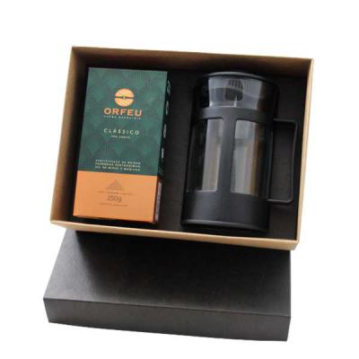 Kit Café com Cafeteira de prensa Francesa, pacote de Café Orfeu Clássico 250g com gravação nas peças e na tampa da caixa