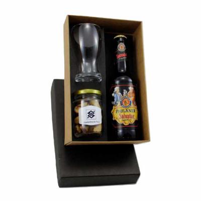 Kit cerveja importada Paulaner Salvator 330ml, copo de vidro e pote de petisco