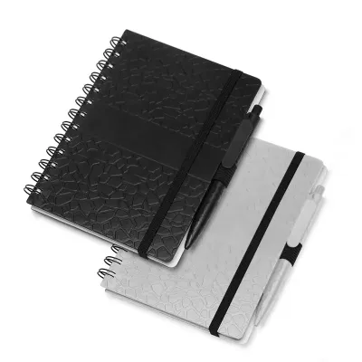 Caderno de anotações em ABS reciclável com aspiral e suporte para caneta