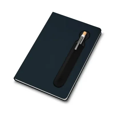 Caderno de anotações com suporte para caneta, capa dura azul