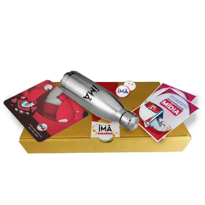 Kit com Mouse pad, Garrafa, Botton e Flyer