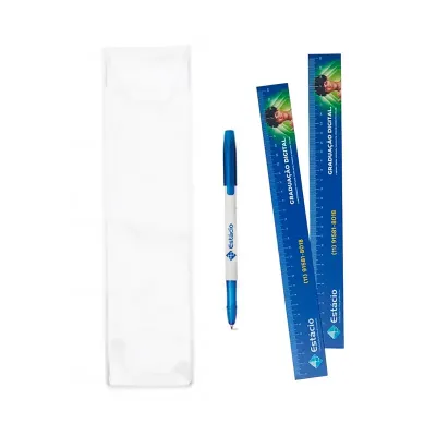 Kit régua e caneta plástica em estojo 