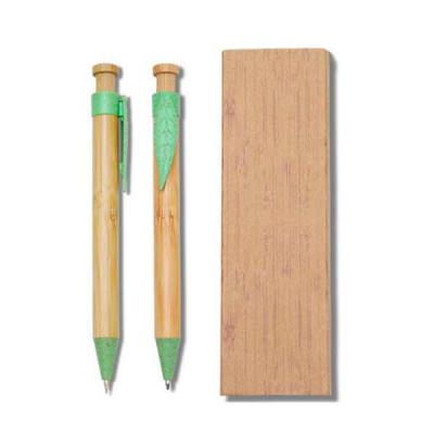 Conjunto Caneta e Lapiseira Bambu - com detalhe verde
