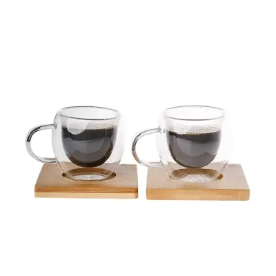 Conjunto de xícaras de café 90ml em vidro borosilicato e pires em bambu.