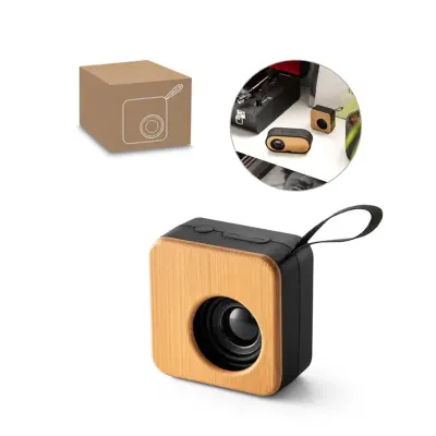 Caixa de som portátil em ABS reciclado e bambu.