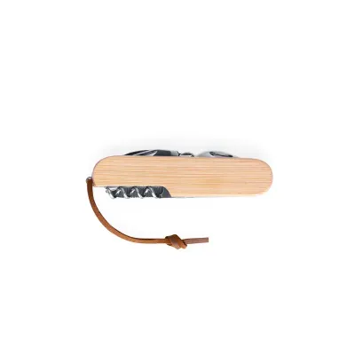 Canivete multifunções em bambu e aço inox, com cordão 