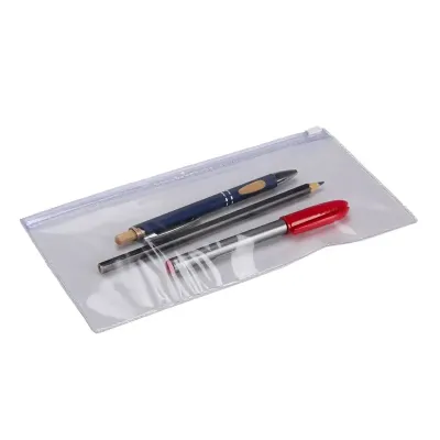 Estojo em plástico transparente com fechamento zip zap deslizante.