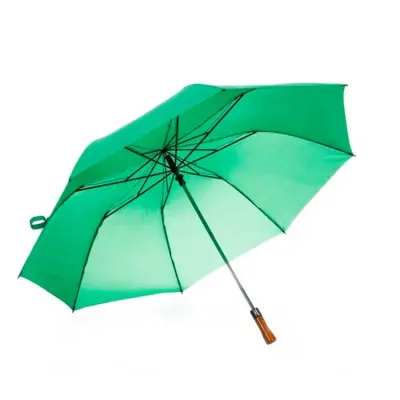 Guarda-chuva verde com cabo de madeira