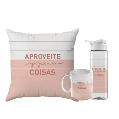Kit Combo Comfort com almofada, caneca e garrafa personalizado