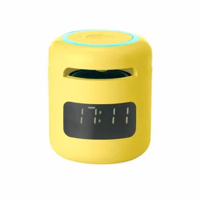 Caixa de Som Multimídia com Relógio amarela.