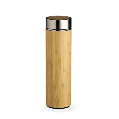 Garrafa personalizada de bambu e inox 500ml com parede dupla e infusor
