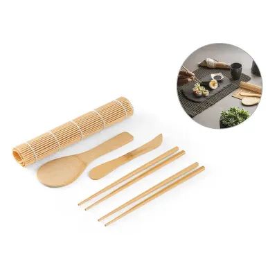 Kit para sushi em bambu com tapete, 2 pares de hashi, 1 colher e 1 faca em bambu