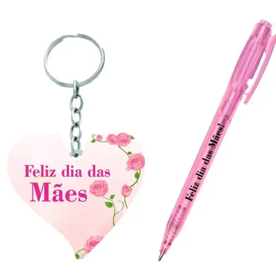 Kit Chaveiro Coração + Caneta  (Rosa)