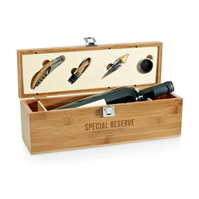 Conjunto para vinho em bambu e zinco personalizado