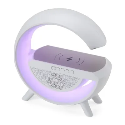 Caixa de som com carregador por indução e luminária lilás