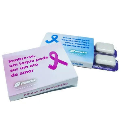 Blister de Chicletes com 4 pastilhas em caixinha personalizada para Outubro Rosa & Novembro Azul