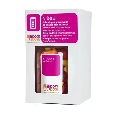 Frasco com balas sortidas em caixa com visor tema Vitalidade & Energia