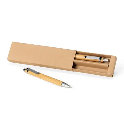Kit ecológico caneta e lapiseira em bambu com estojo de papelão