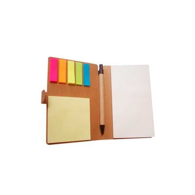 Bloco de anotação personalizado ecológico com sticky notes e caneta ecológica de papelão.