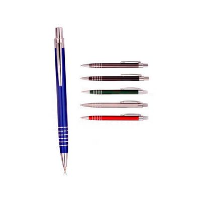 Caneta metálica personalizada, com ponteira e corpo de metal, cores variadas e embaladas individualmente em sacos plásticos