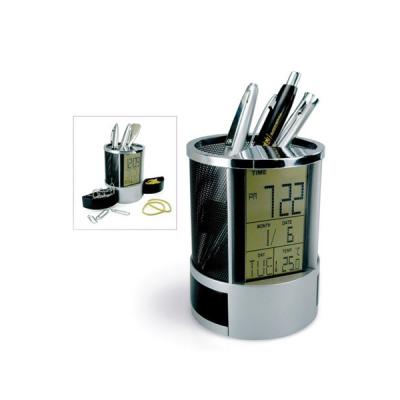 PORTA CANETAS COM RELÓGIO DIGITAL E PORTA CLIPS