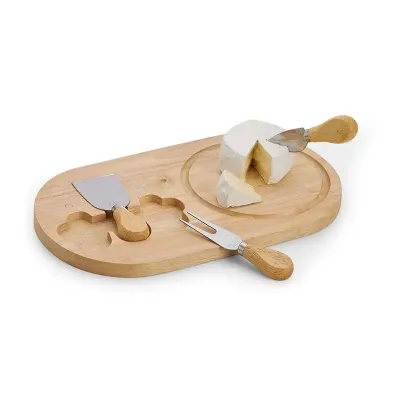 Kit queijo com tábua de bambu com canaleta, faca com ponta, garfo e espátula.
