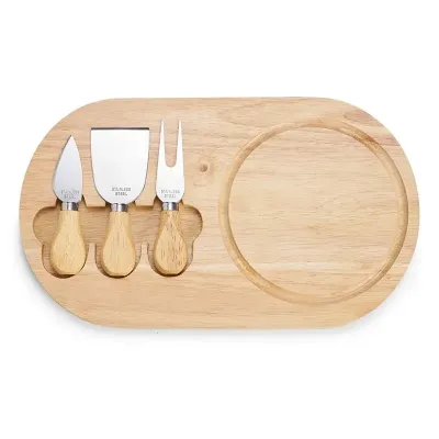 kit com tábua de bambu com canaleta, faca com ponta, garfo e espátula