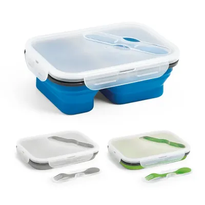 Marmita hermética em silicone, apta para micro-ondas, com talher e 2 compartimentos